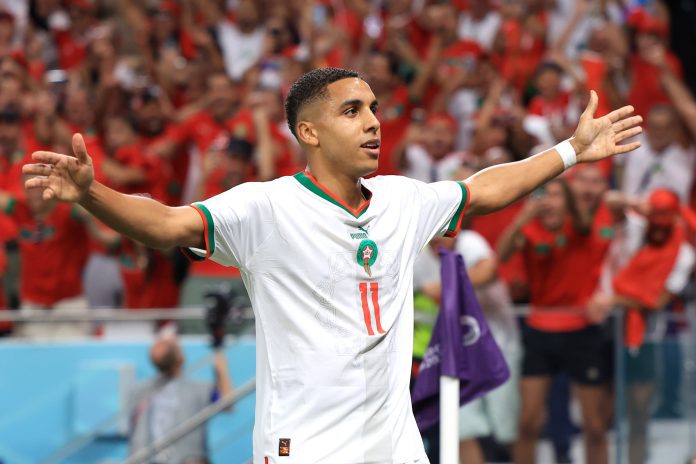 Pemain Maroko Abdelhamid Sabiri selebrasi usai bobol gawang Belgia - FIFA